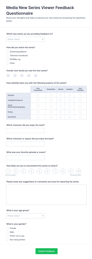 Media New Series Viewer Feedback Questionnaire Form Template