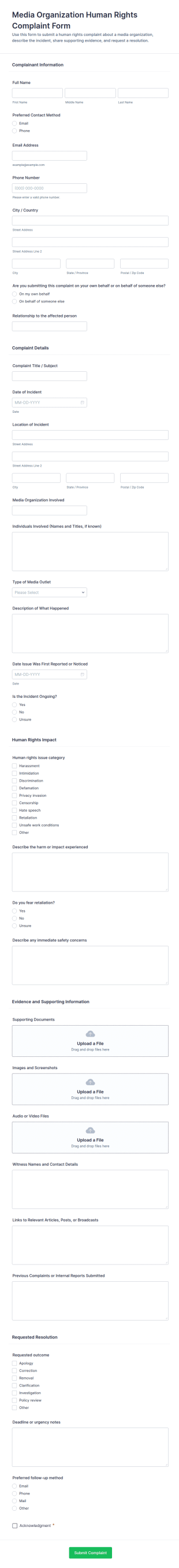 Media Organization Human Rights Complaint Form Template