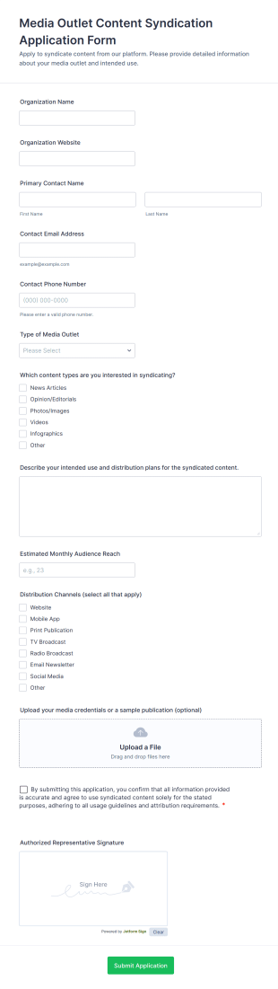 Media Outlet Content Syndication Application Form Template