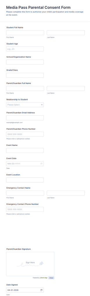 Media Pass Parental Consent Form Template