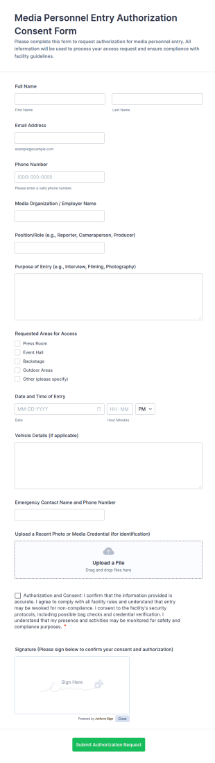 Media Personnel Entry Authorization Consent Form Template