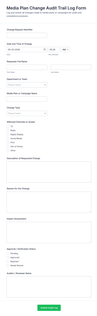 Media Plan Change Audit Trail Log Form Template