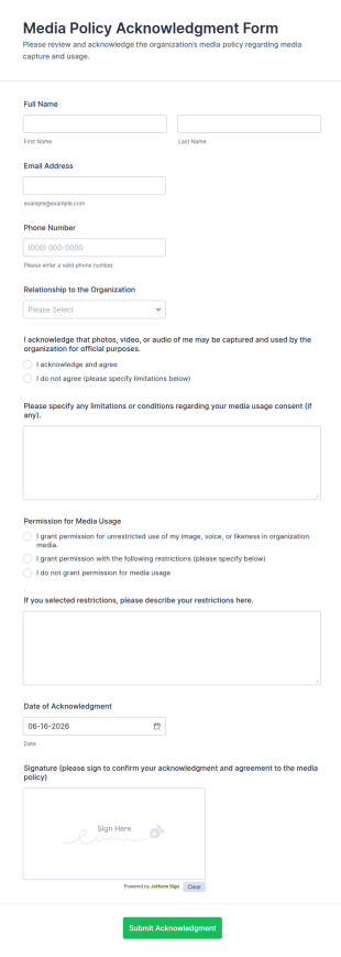 Media Policy Acknowledgment Form Template