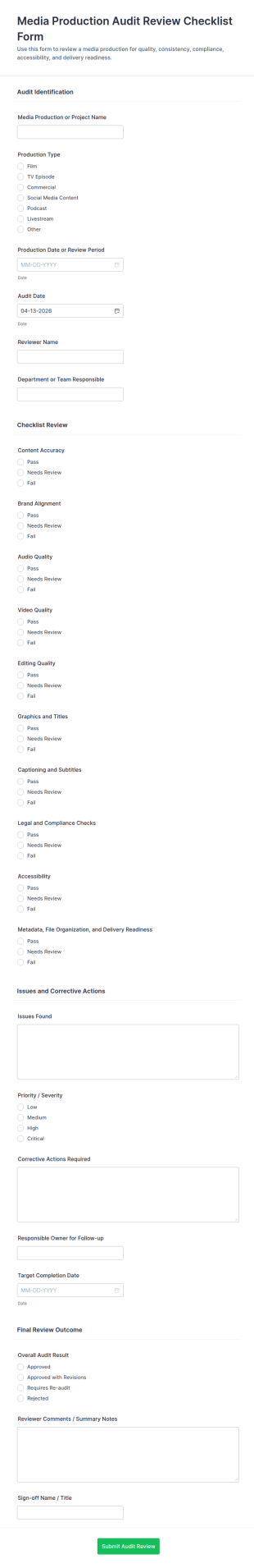 Media Production Audit Review Checklist Form Template