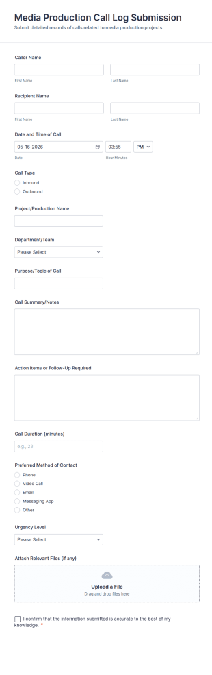 Media Production Call Log Submission Form Template