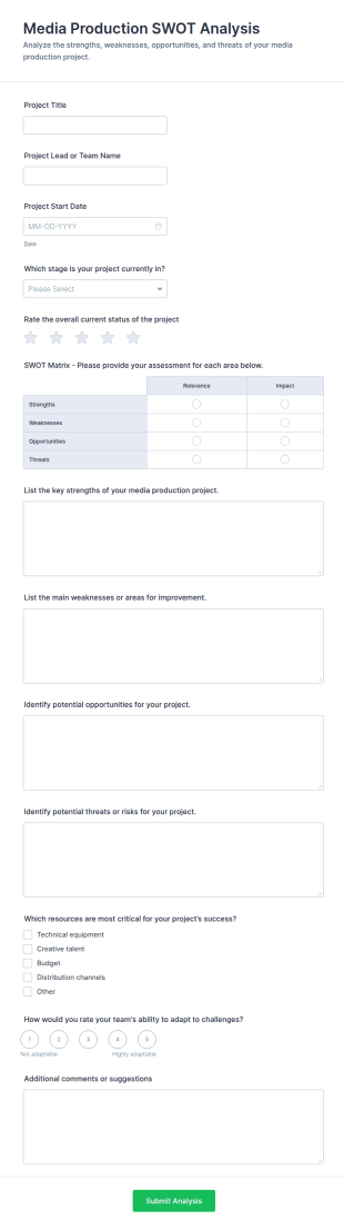 Media Production SWOT Analysis Form Template