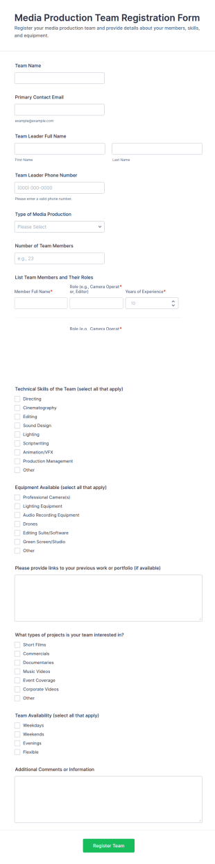 Media Production Team Registration Form Template