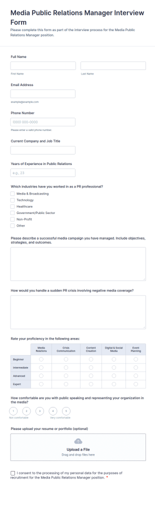 Media Public Relations Manager Interview Form Template
