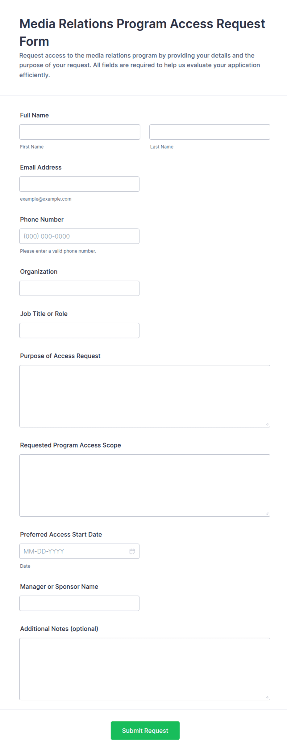 Media Relations Program Access Request Form Template | Jotform