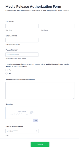 Media Release Authorization Form Template