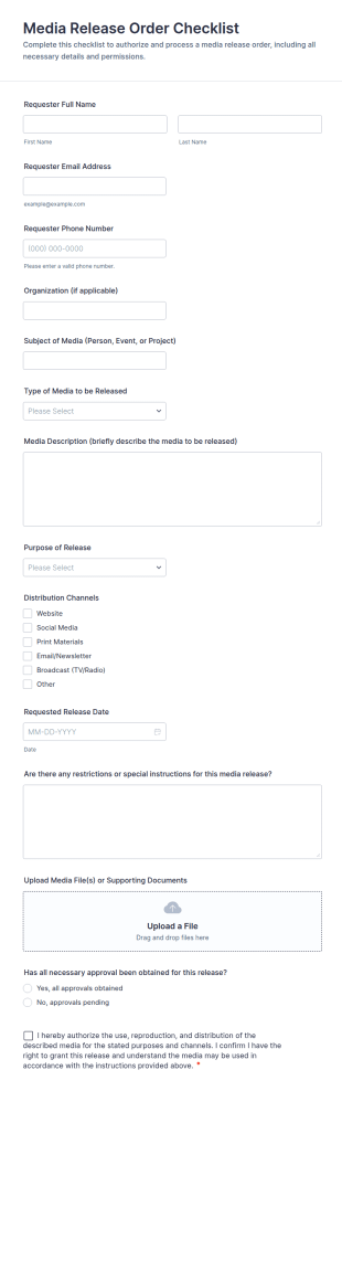 Media Release Order Checklist Form Template