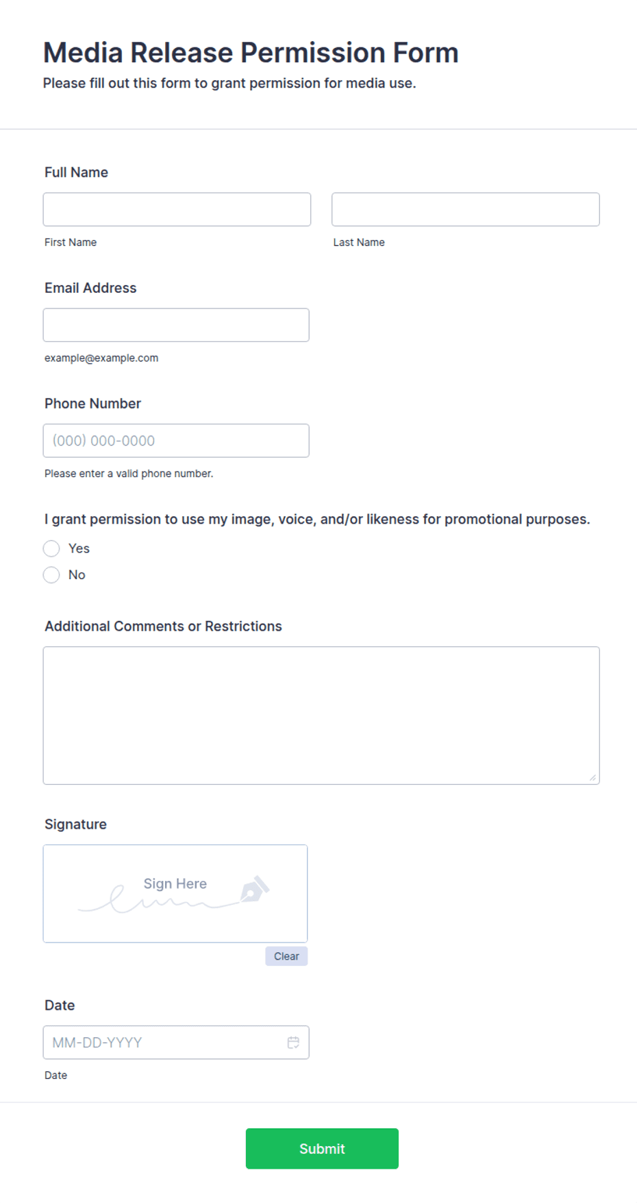 Media Permit Example Media Release Permission Form Template | Jotform