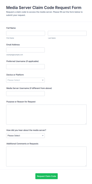 Media Server Claim Code Request Form Template