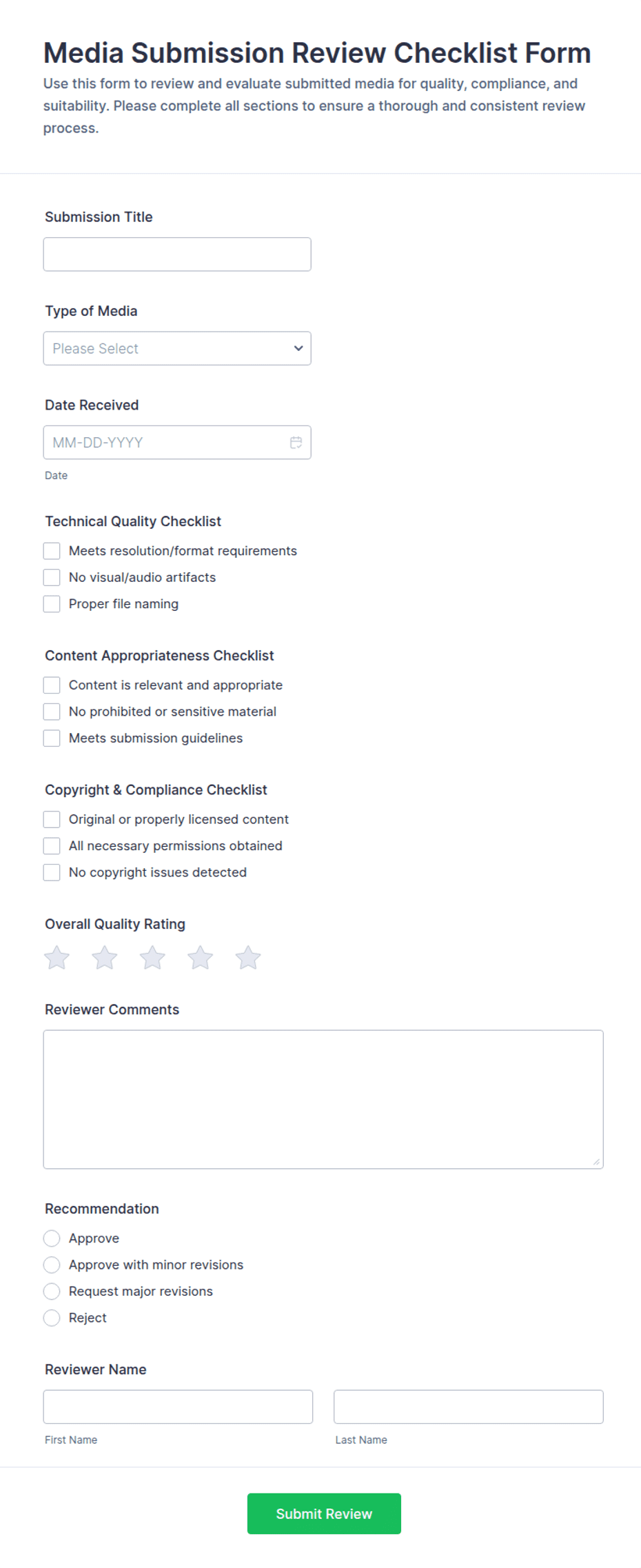 Media Submission Review Checklist Form Template | Jotform