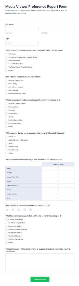 Media Viewer Preference Report Form Template