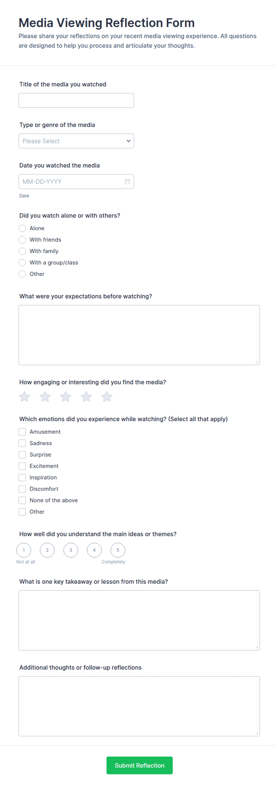Media Viewing Reflection Form Template | Jotform