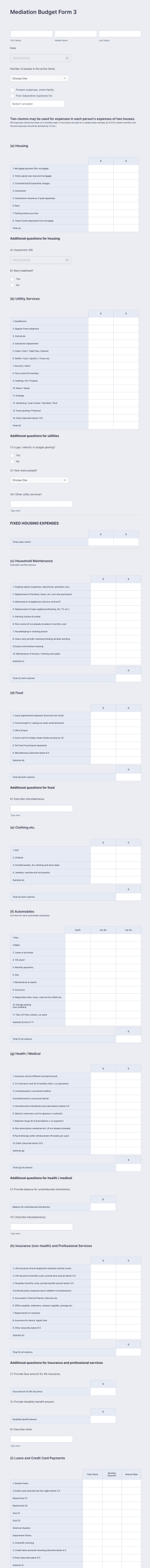 Mediation Clients Budget Form Template