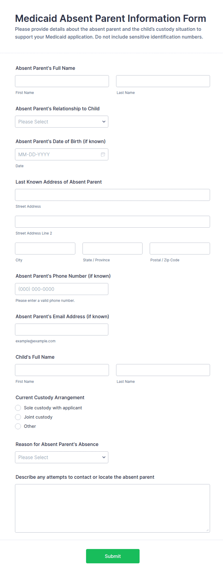 Medicaid Absent Parent Information Form Template | Jotform