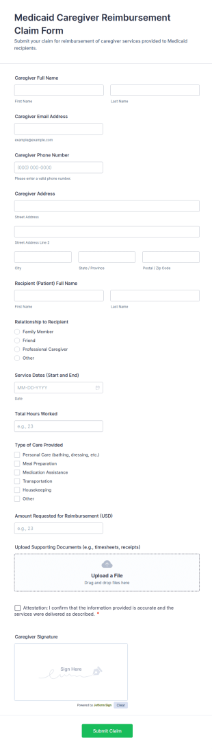 Medicaid Caregiver Reimbursement Claim Form Template