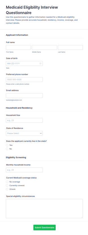 Medicaid Eligibility Interview Questionnaire Form Template