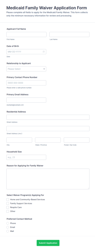Medicaid Family Waiver Application Form Template