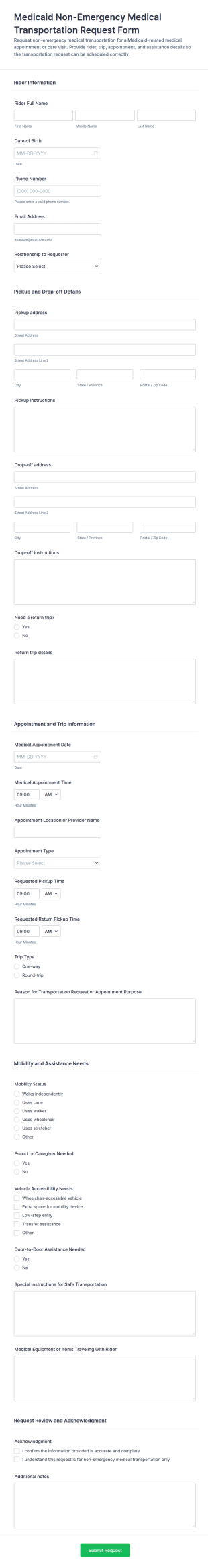 Medicaid Non Emergency Medical Transportation Request Form Template