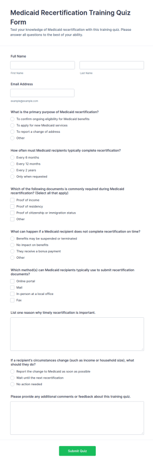 Medicaid Recertification Training Quiz Form Template