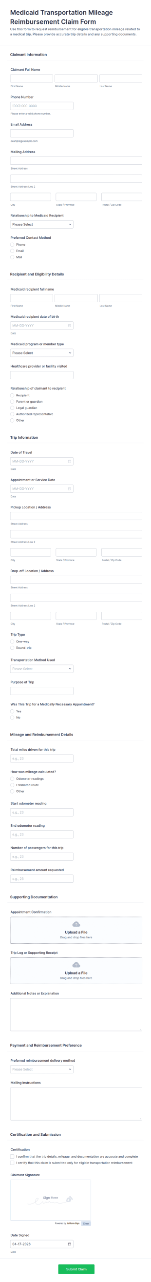 Medicaid Transportation Mileage Reimbursement Claim Form Template