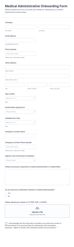 Medical Administrative Onboarding Form Template