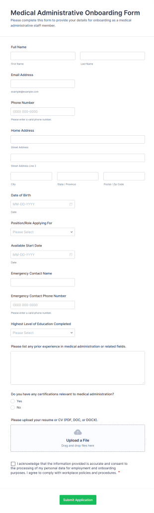 Medical Administrative Onboarding Form Template