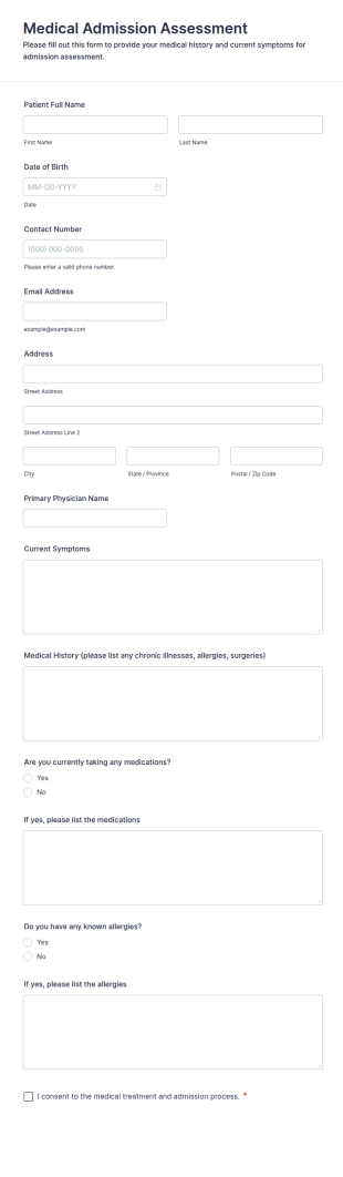 Medical Admission Assessment Form Template