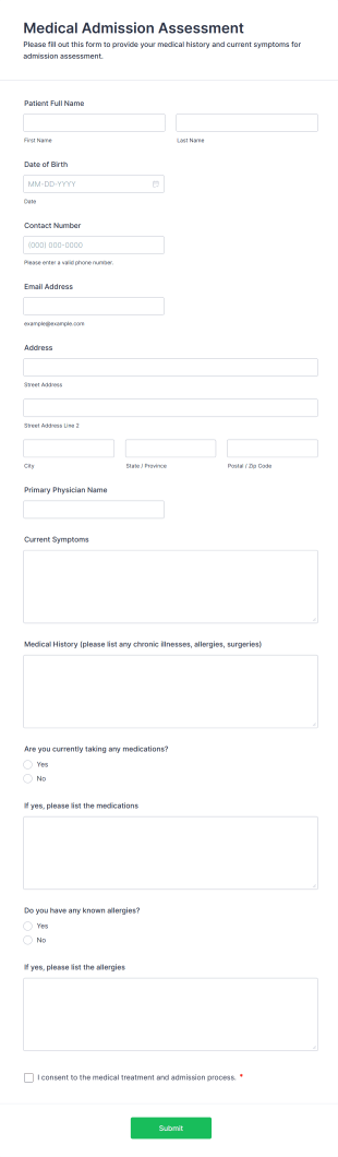 Medical Admission Assessment Form Form Template