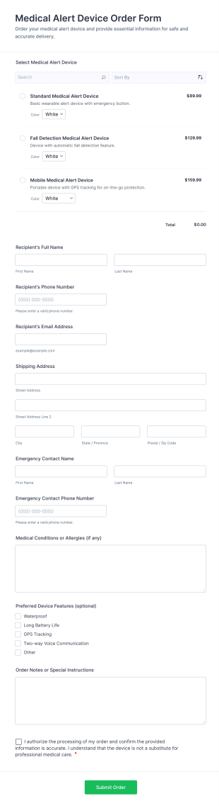 Medical Alert Device Order Form Template