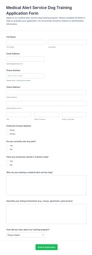 Medical Alert Service Dog Training Application Form Template