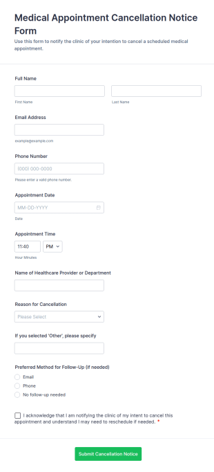 Medical Appointment Cancellation Notice Form Template