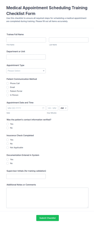 Medical Appointment Scheduling Training Checklist Form Template