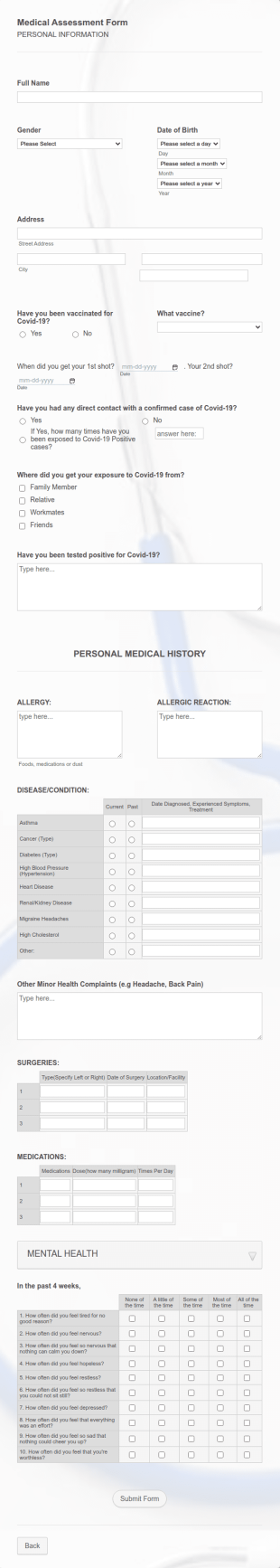 Medical Assessment Form Template