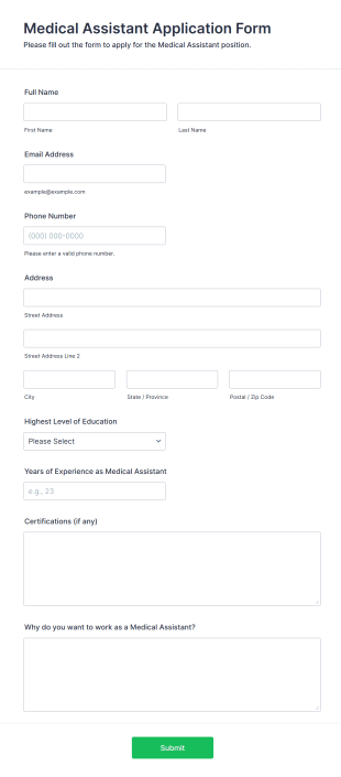 Medical Assistant Application Form Form Template