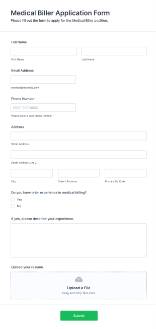 Medical Biller Application Form Form Template