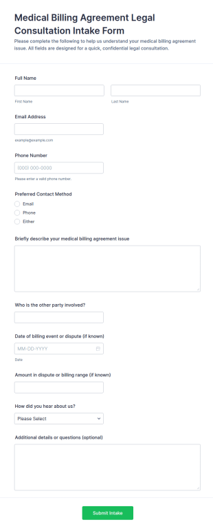Medical Billing Agreement Legal Consultation Intake Form Template