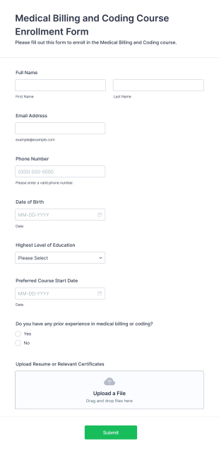 Medical Billing And Coding Course Enrollment Form Template