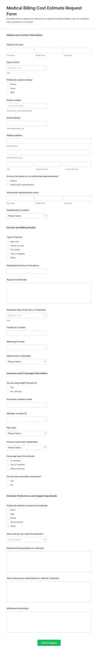 Medical Billing Cost Estimate Request Form Template