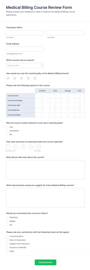 Medical Billing Course Review Form Template