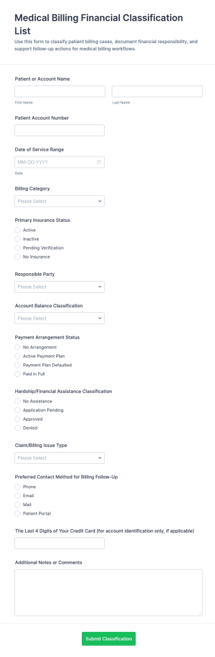 Medical Billing Financial Classification List Form Template