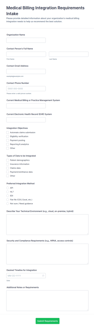 Medical Billing Integration Requirements Intake Form Template