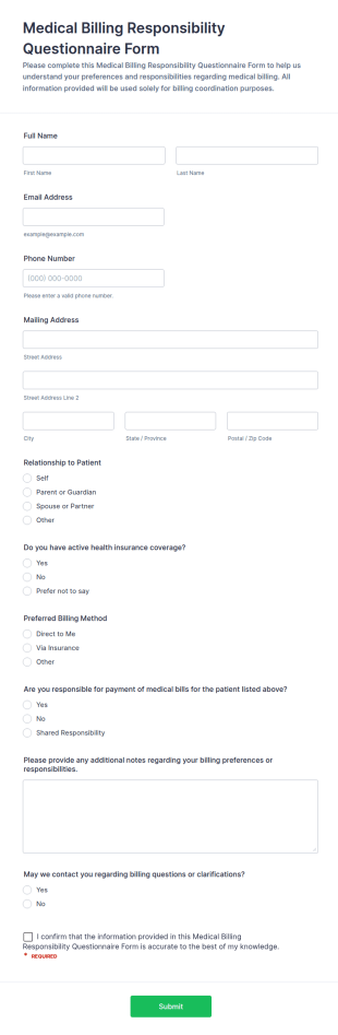 Medical Billing Responsibility Questionnaire Form Template