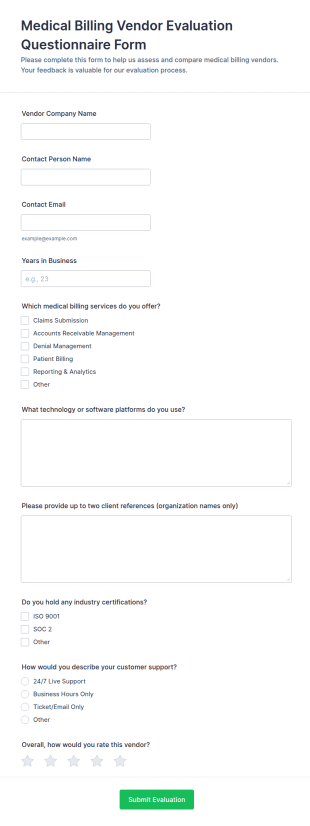 Medical Billing Vendor Evaluation Questionnaire Form Template