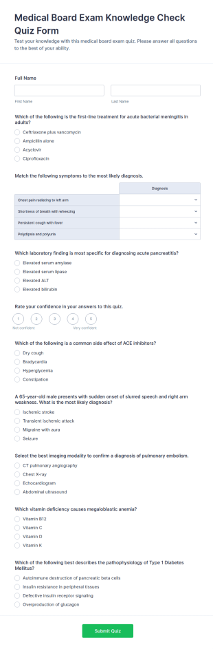 Medical Board Exam Knowledge Check Quiz Form Template