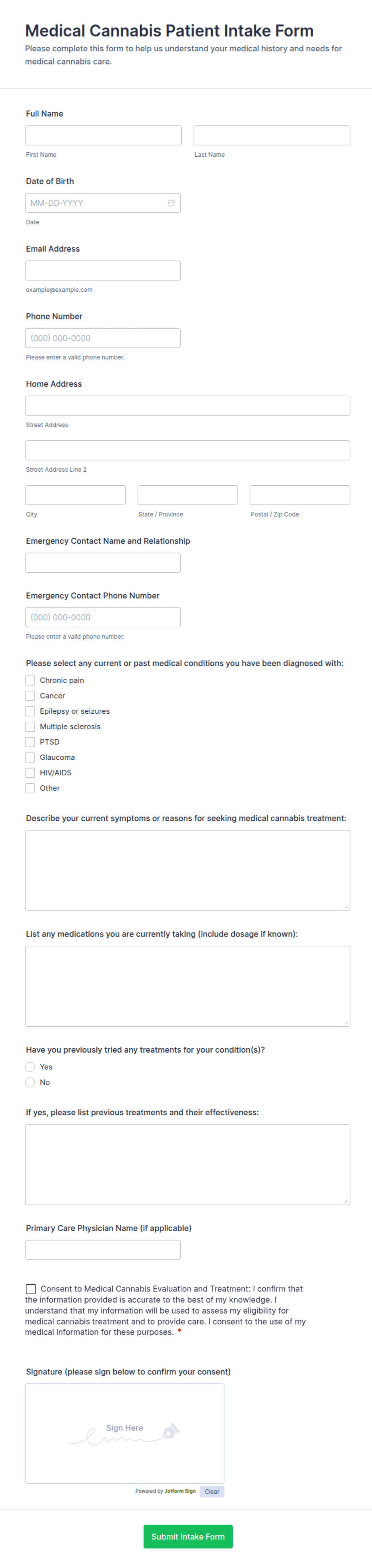 Medical Cannabis Patient Intake Form Template | Jotform