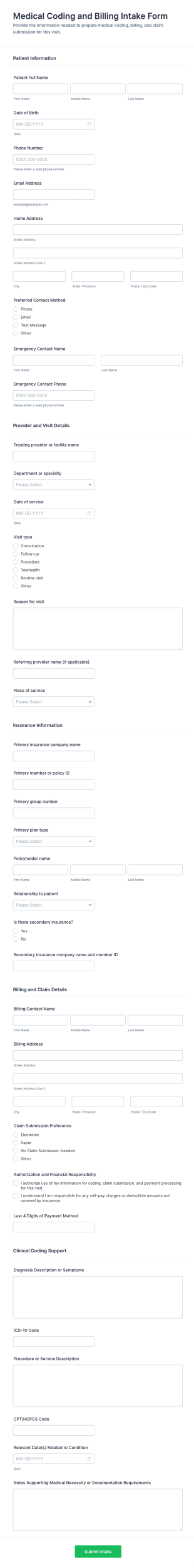 Medical Coding And Billing Intake Form Template